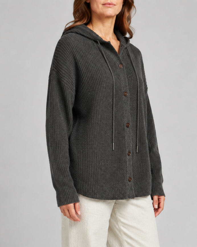 Women's Hooded Textured Button Up Knit Cardigan