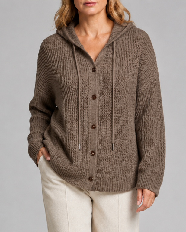 Women's Hooded Textured Button Up Knit Cardigan