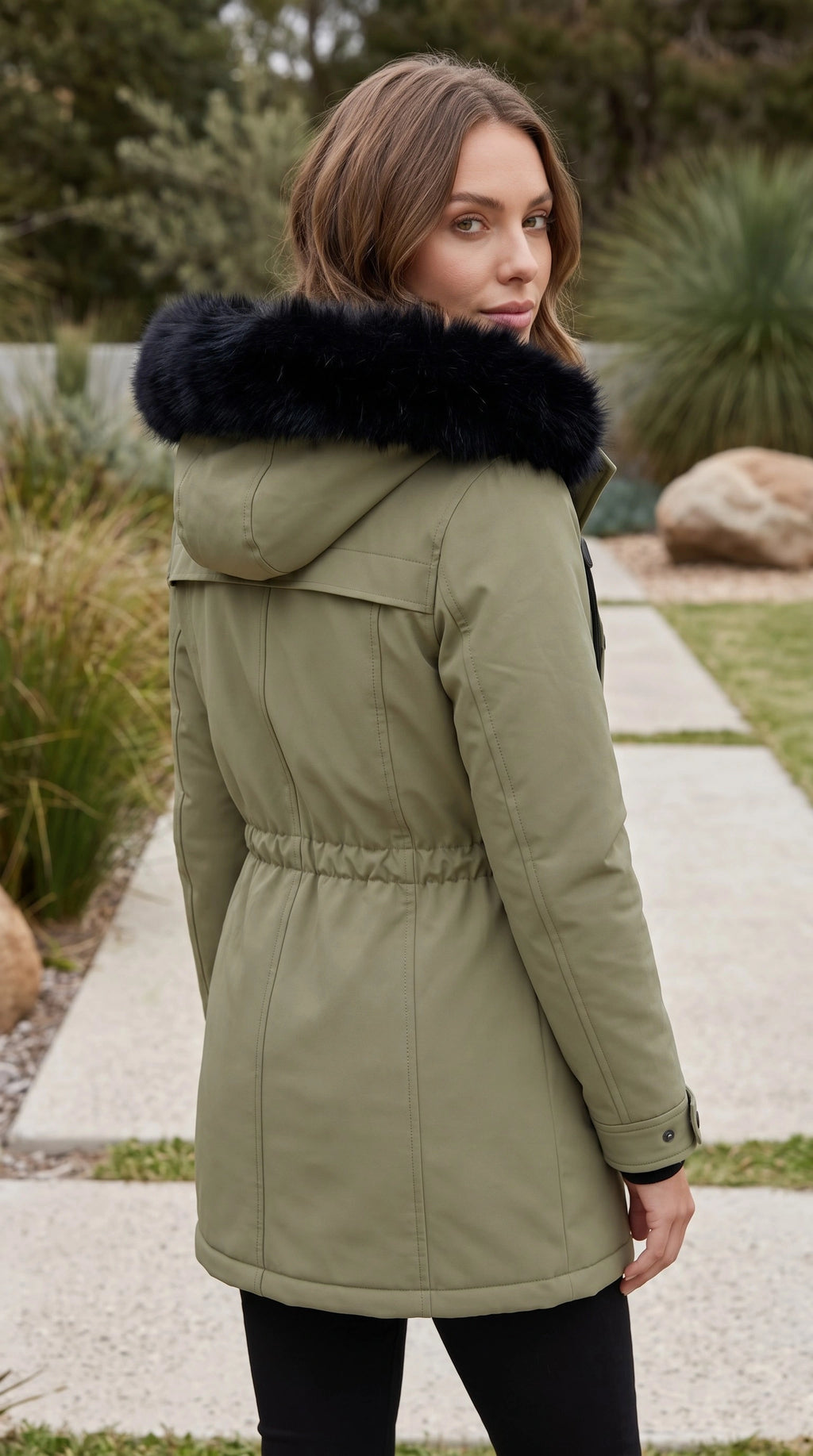 Women's Zip Front Hooded Faux Fur Trim Long Parka Coat
