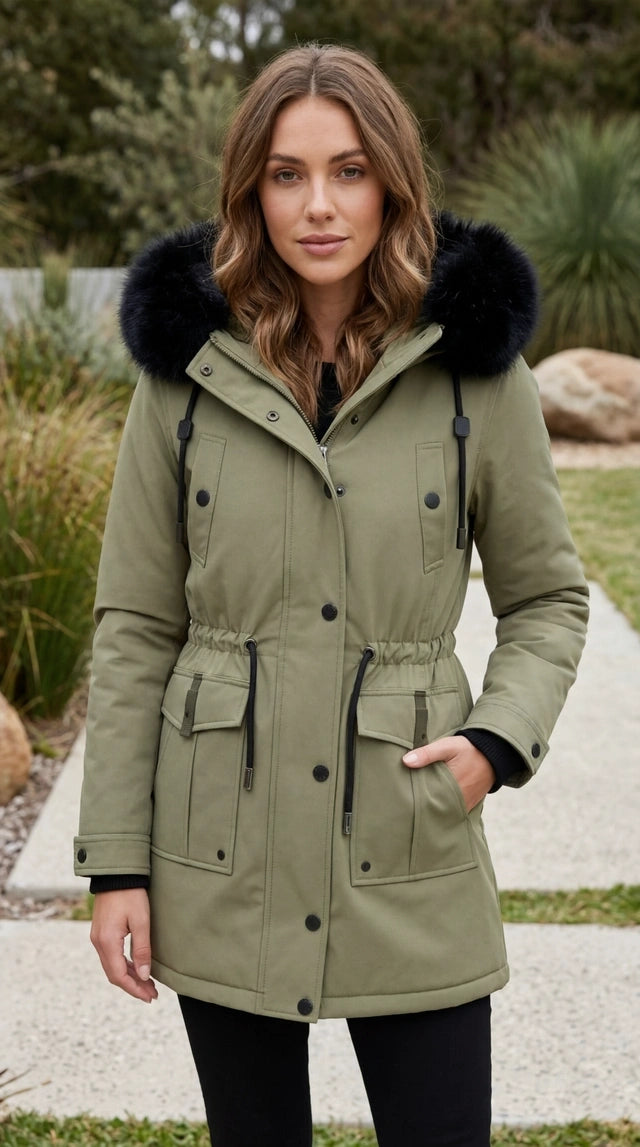 Women's Zip Front Hooded Faux Fur Trim Long Parka Coat