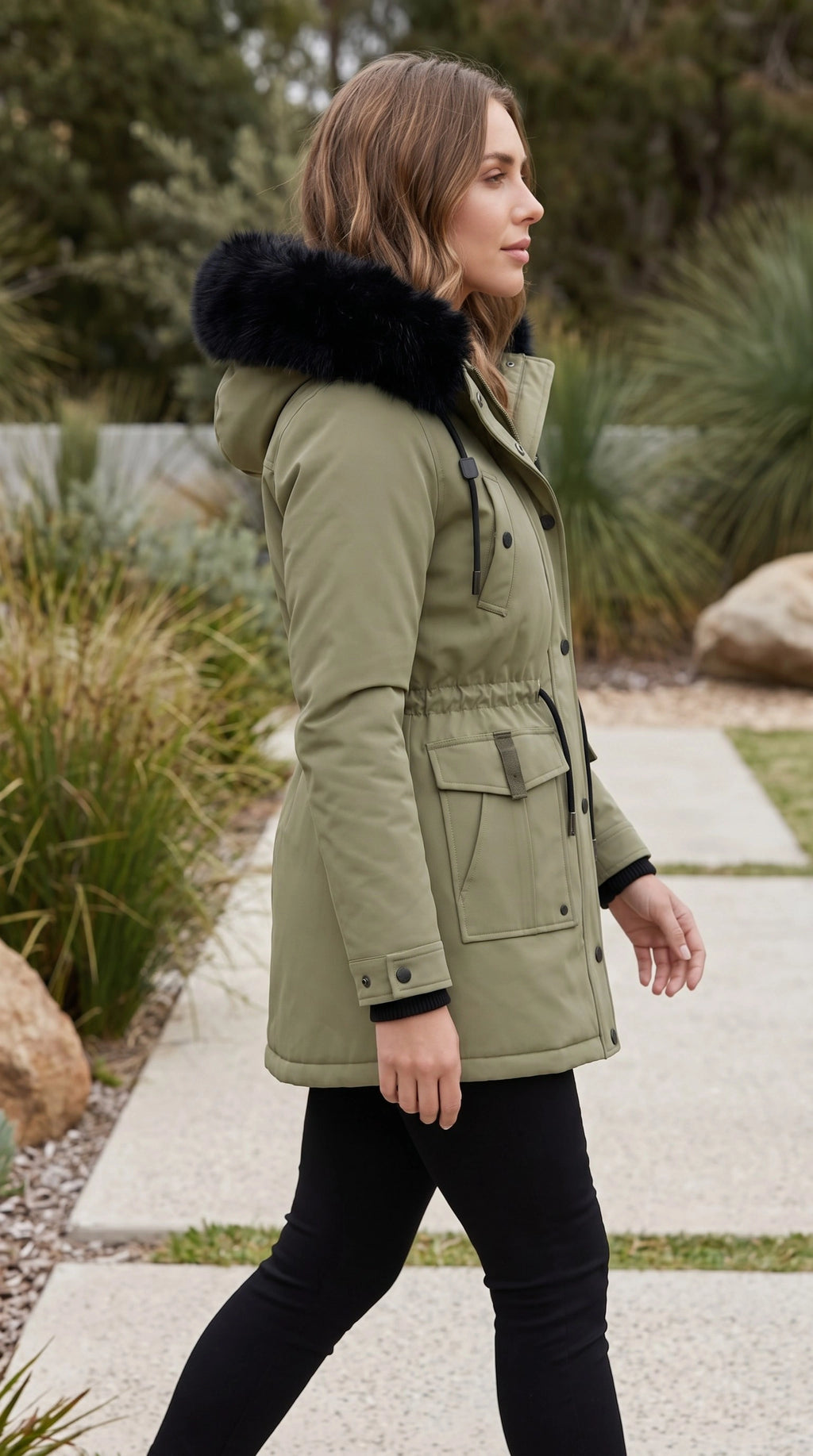 Women's Zip Front Hooded Faux Fur Trim Long Parka Coat