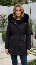 Women's Zip Front Hooded Faux Fur Trim Long Parka Coat