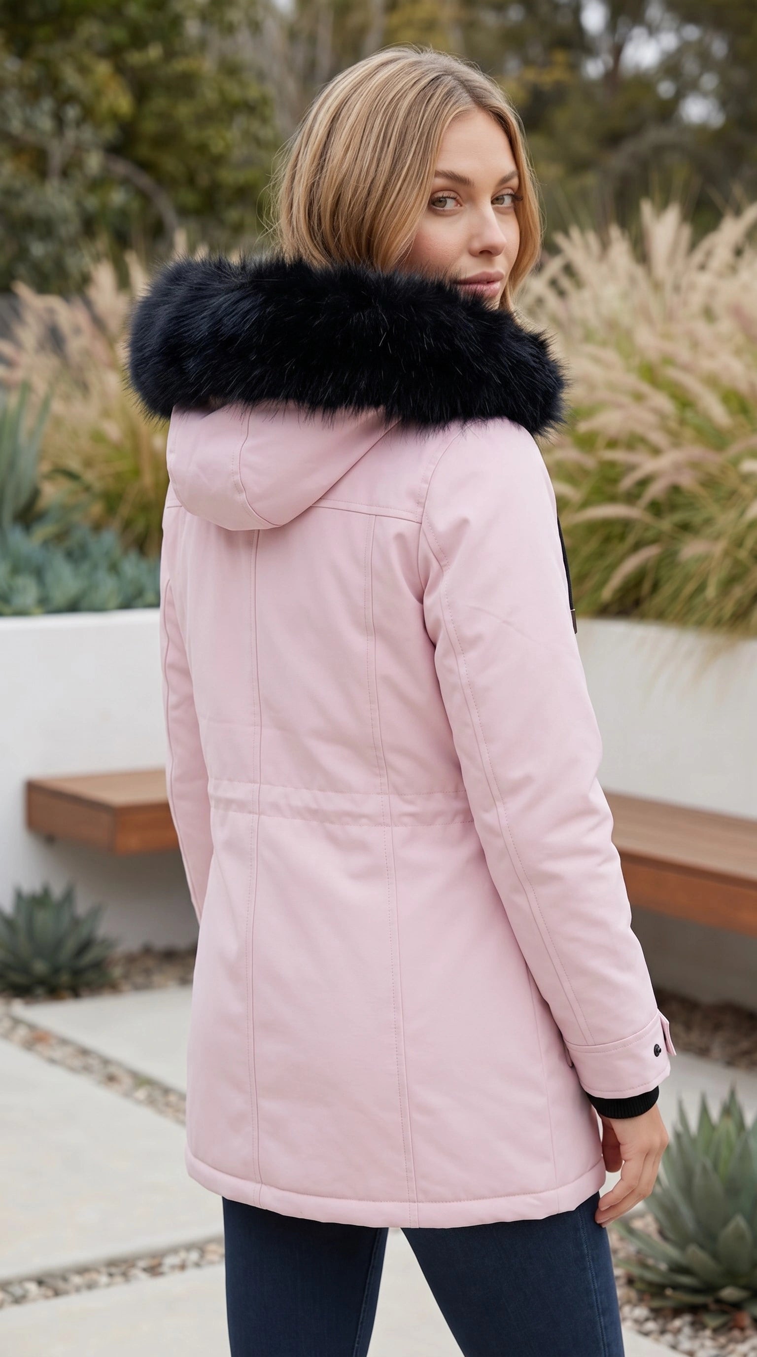 Women's Zip Front Hooded Faux Fur Trim Long Parka Coat