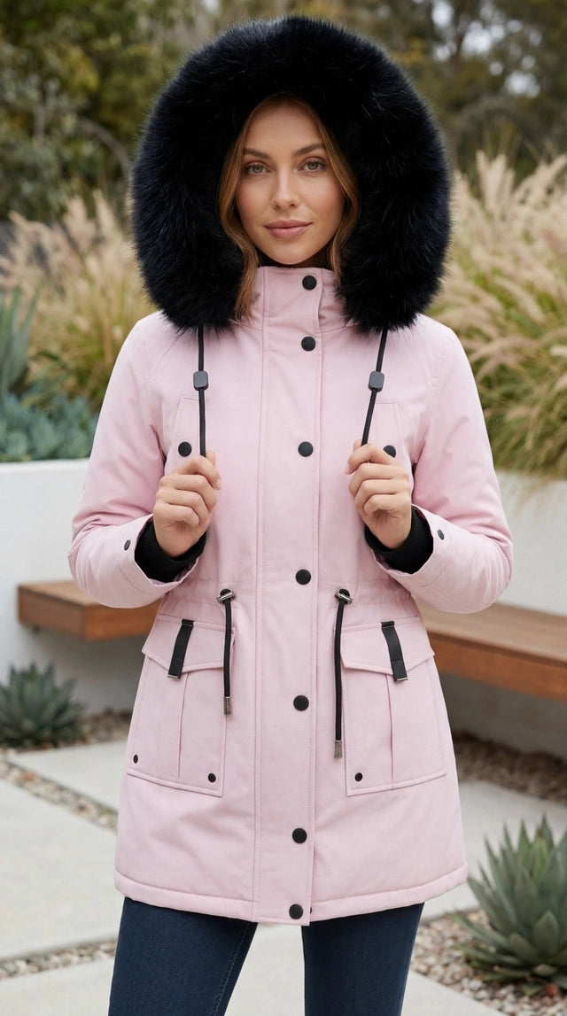 Women's Zip Front Hooded Faux Fur Trim Long Parka Coat