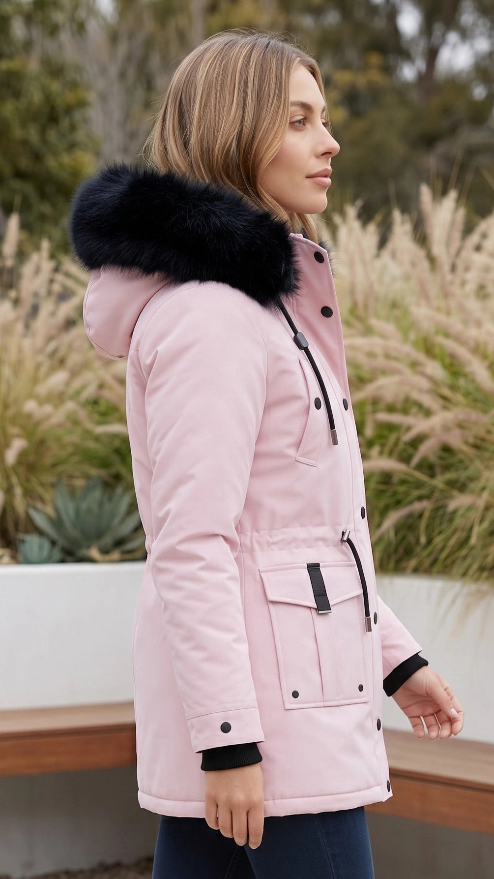 Women's Zip Front Hooded Faux Fur Trim Long Parka Coat