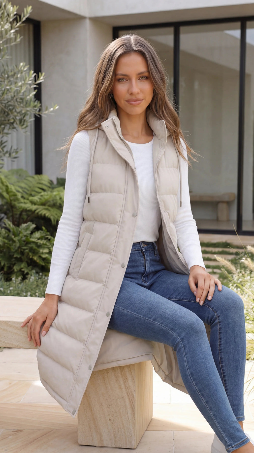 Women's Sleeveless Hooded Zip Front Quilted Long Puffer Vest Jacket