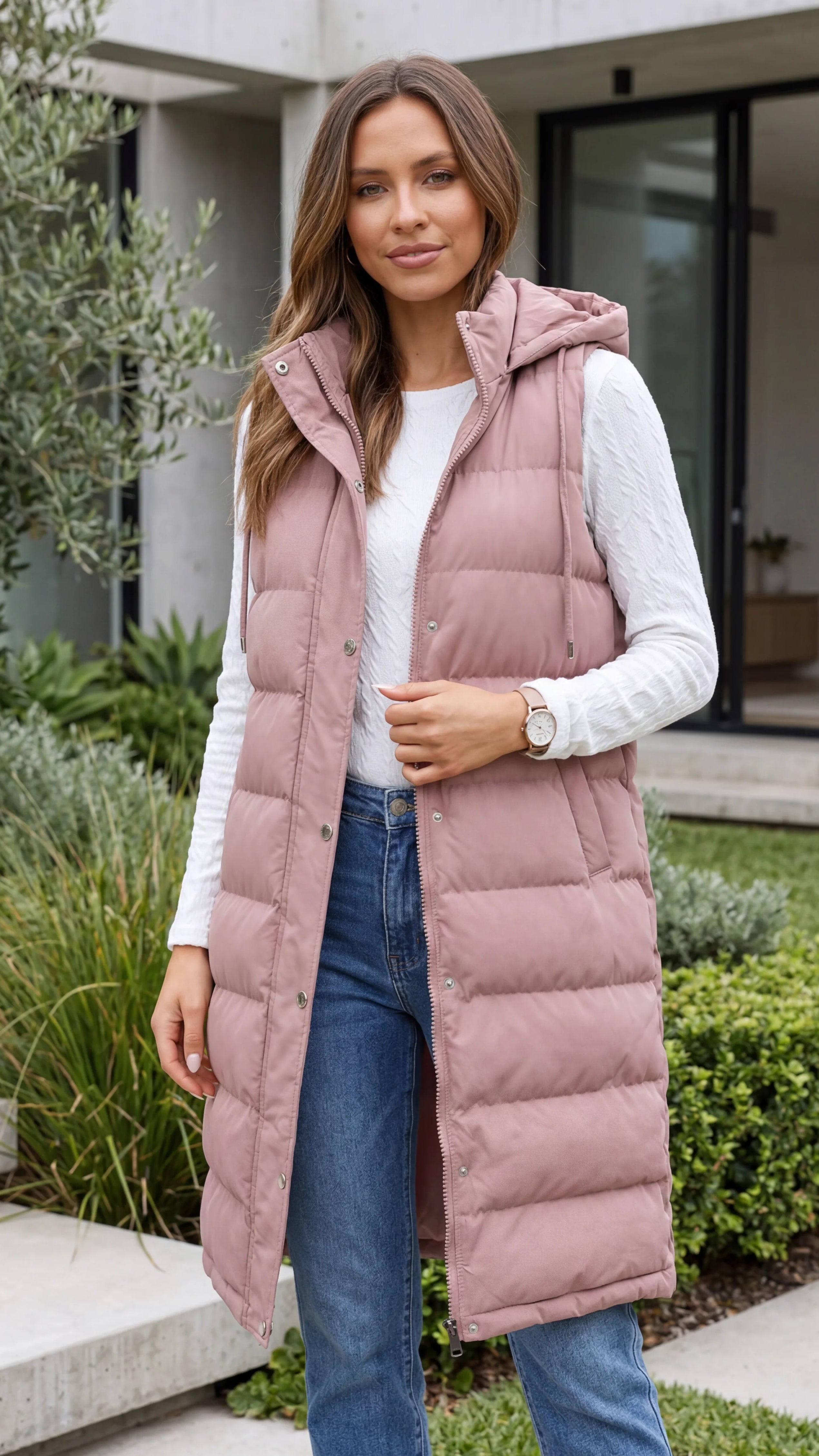 Women's Sleeveless Hooded Zip Front Quilted Long Puffer Vest Jacket