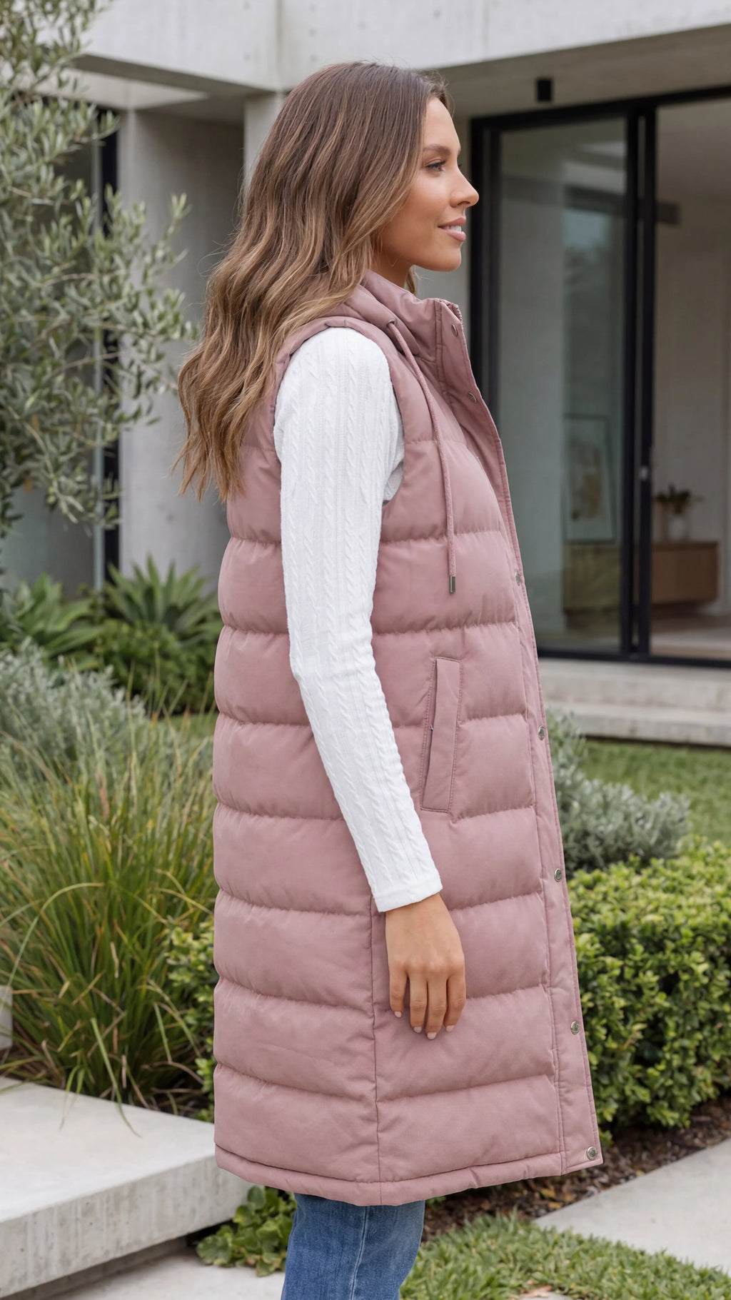 Women's Sleeveless Hooded Zip Front Quilted Long Puffer Vest Jacket