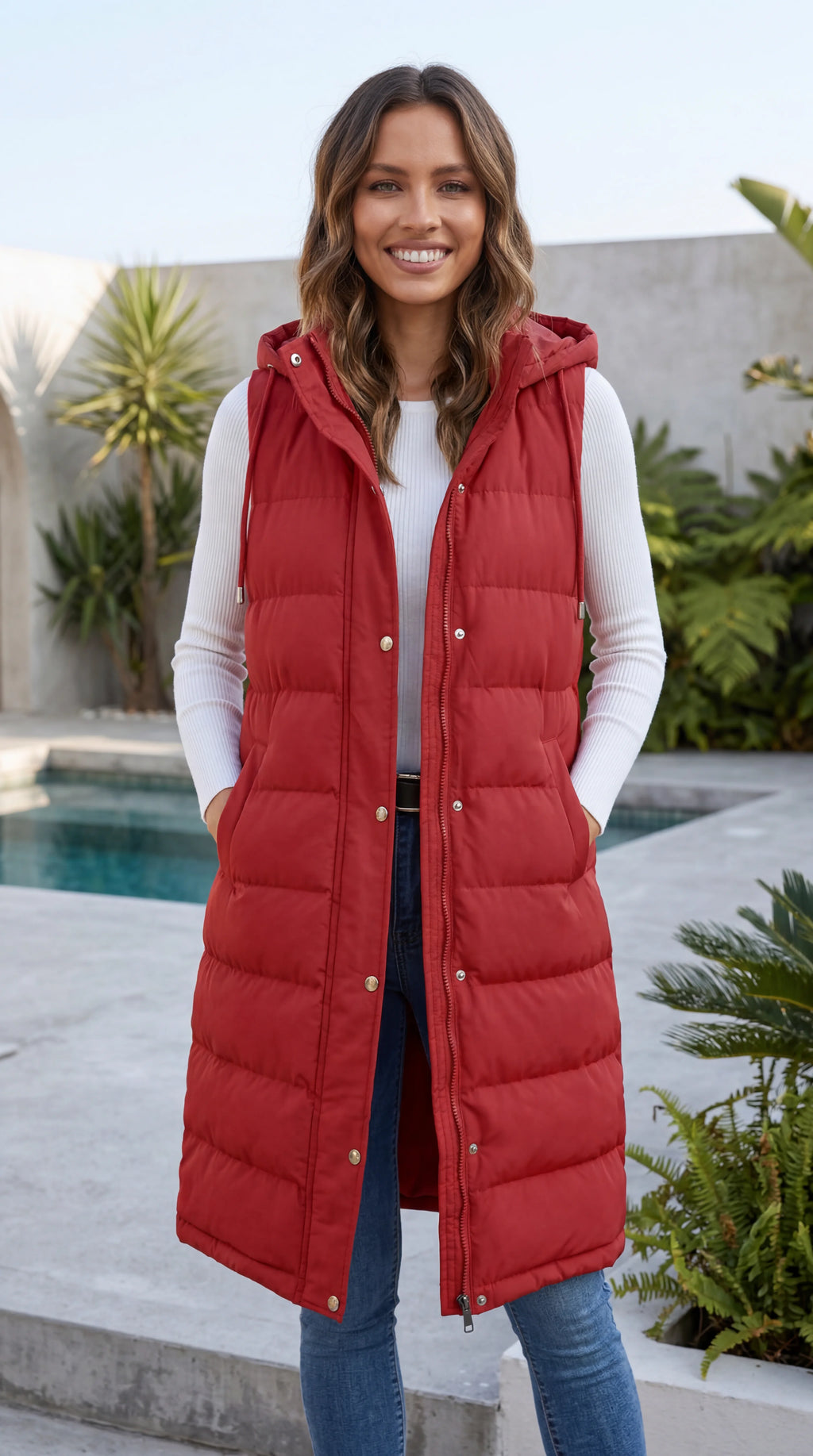 Women's Sleeveless Hooded Zip Front Quilted Long Puffer Vest Jacket