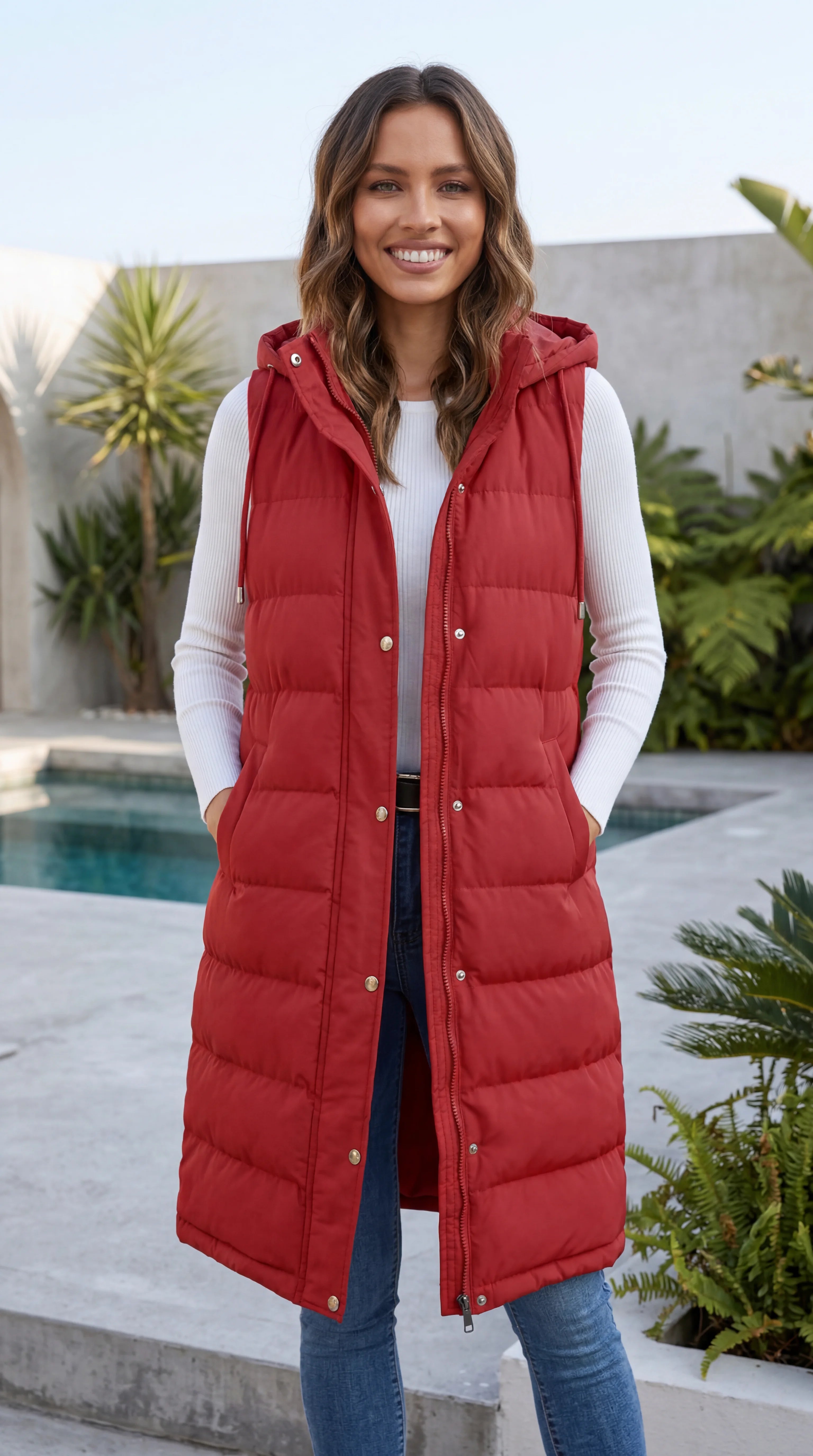 Women's Sleeveless Hooded Zip Front Quilted Long Puffer Vest Jacket
