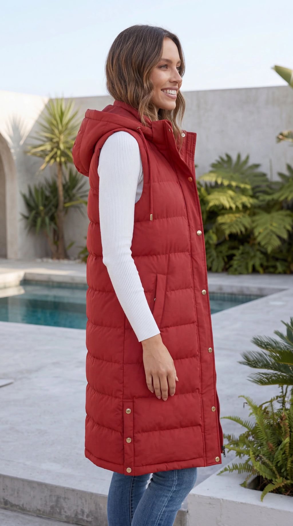 Women's Sleeveless Hooded Zip Front Quilted Long Puffer Vest Jacket
