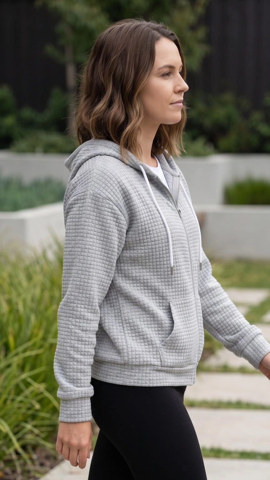 Women’s Waffle Textured Zip Up Hoodie with Pockets