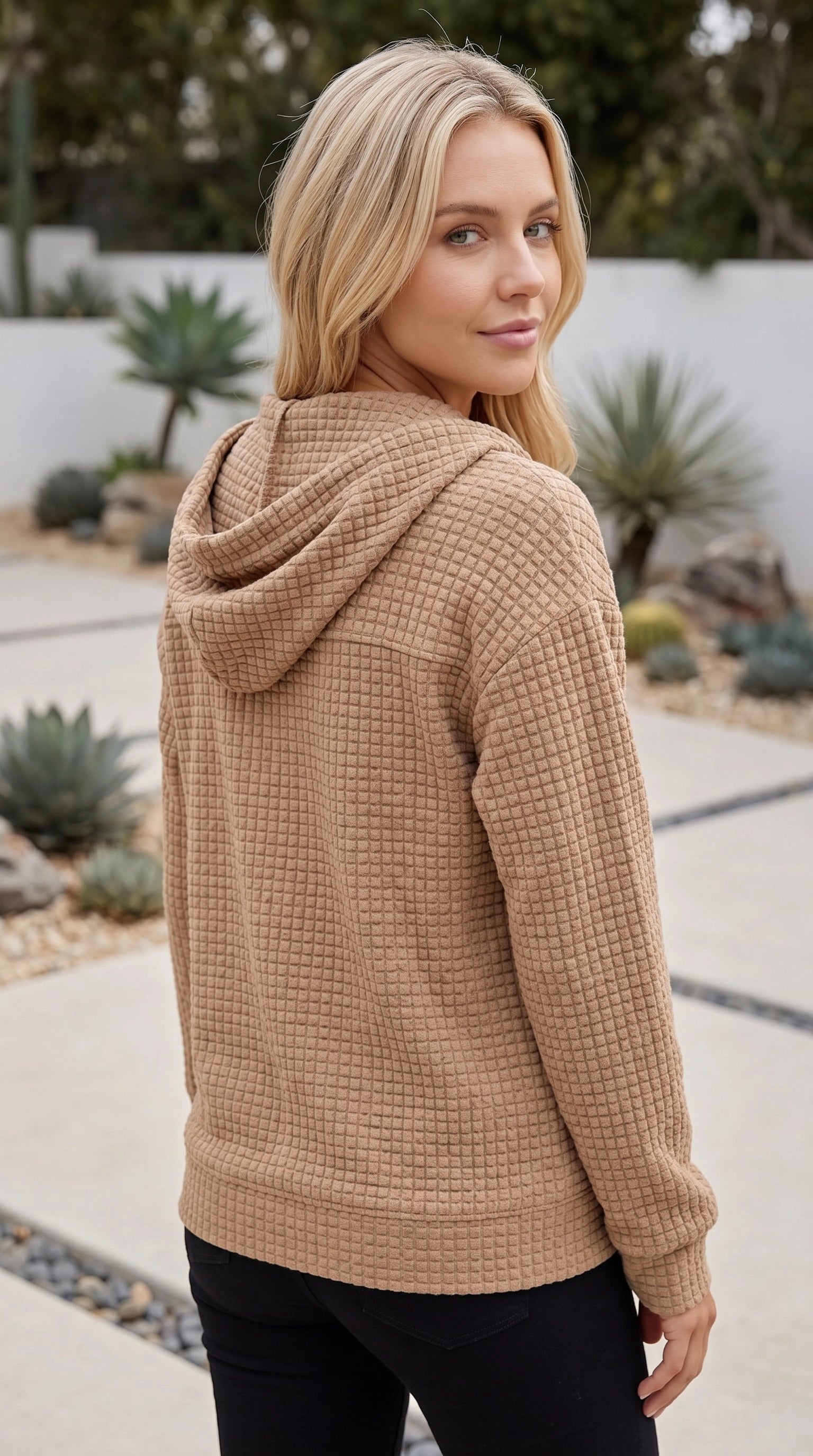 Women’s Waffle Textured Zip Up Hoodie with Pockets
