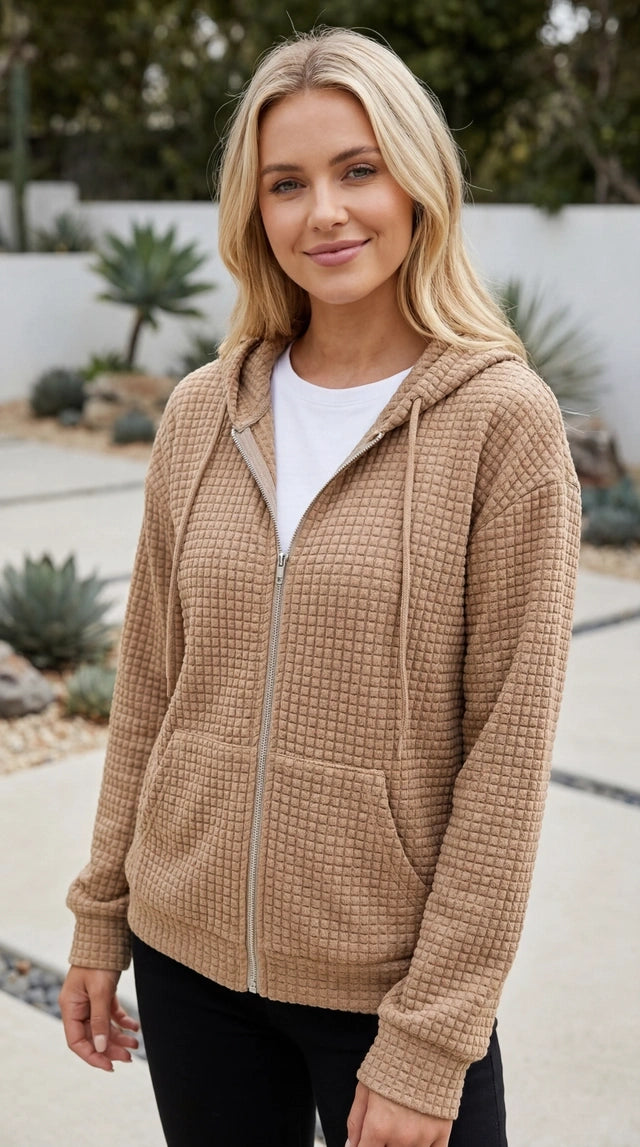 Women’s Waffle Textured Zip Up Hoodie with Pockets