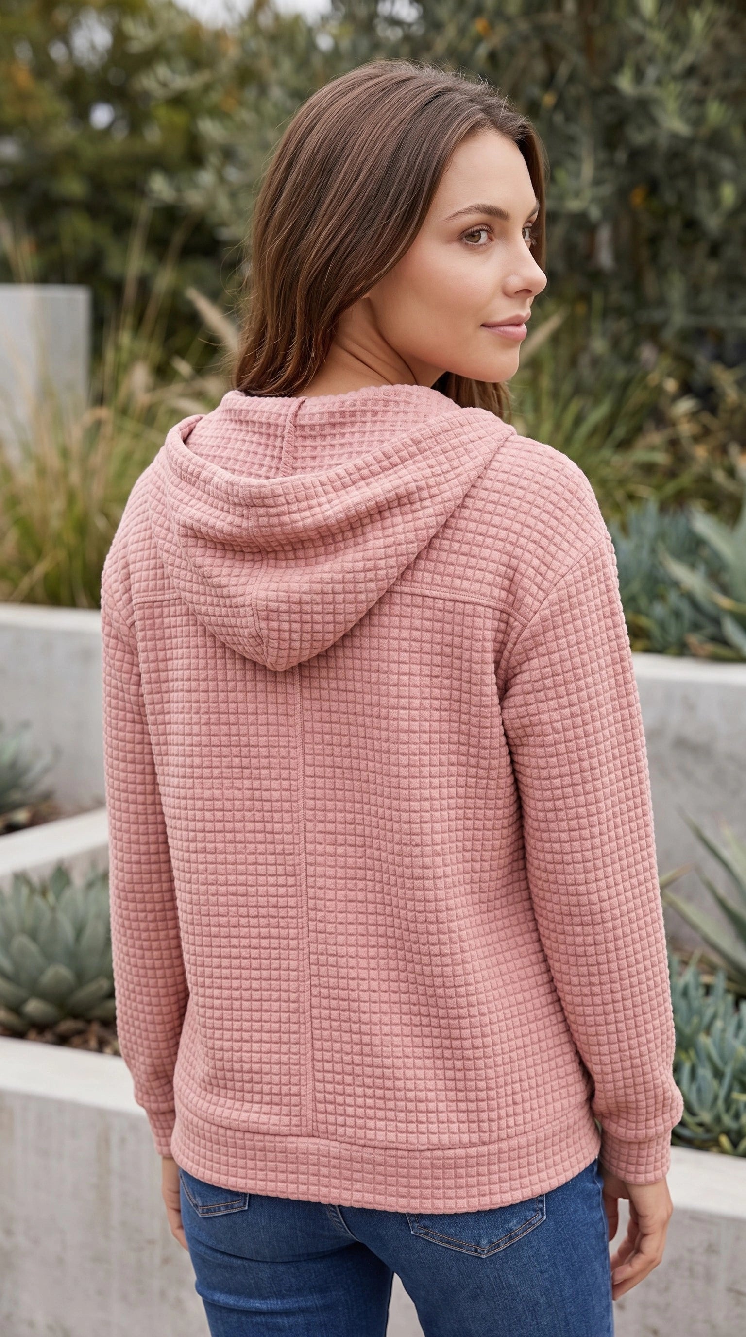 Women’s Waffle Textured Zip Up Hoodie with Pockets