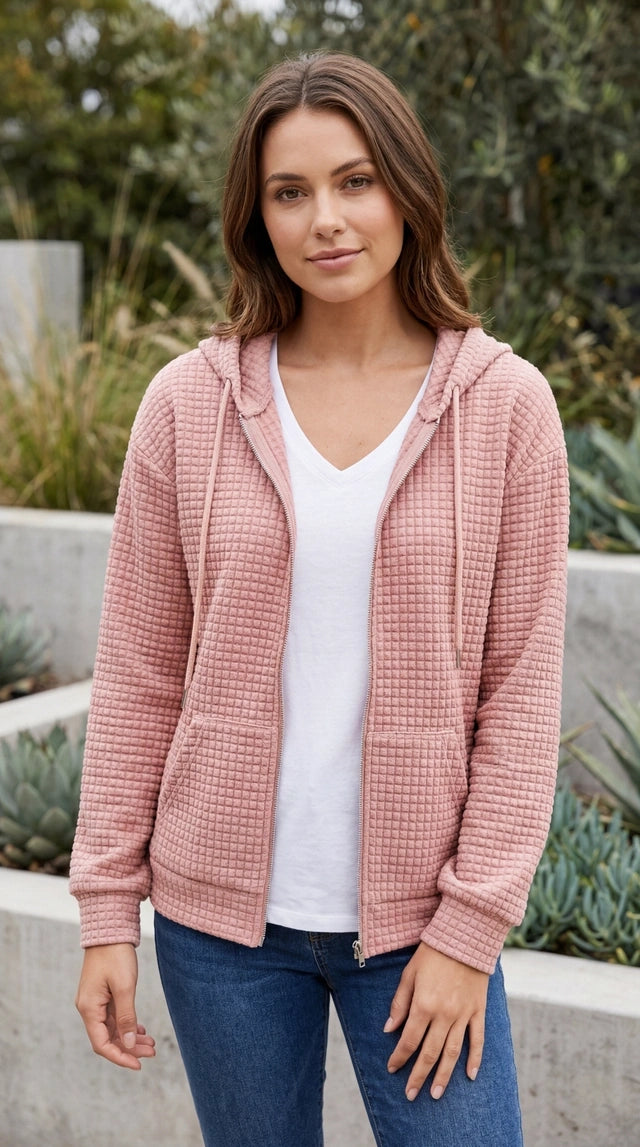 Women’s Waffle Textured Zip Up Hoodie with Pockets