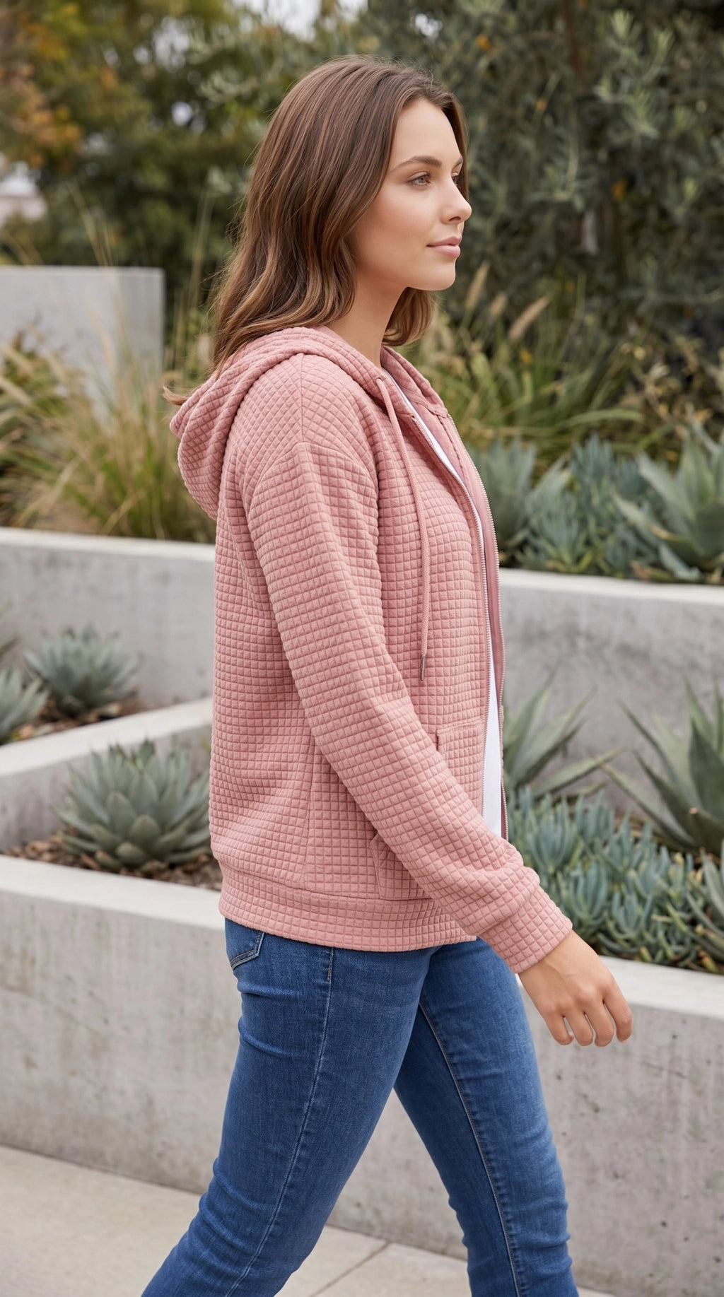 Women’s Waffle Textured Zip Up Hoodie with Pockets