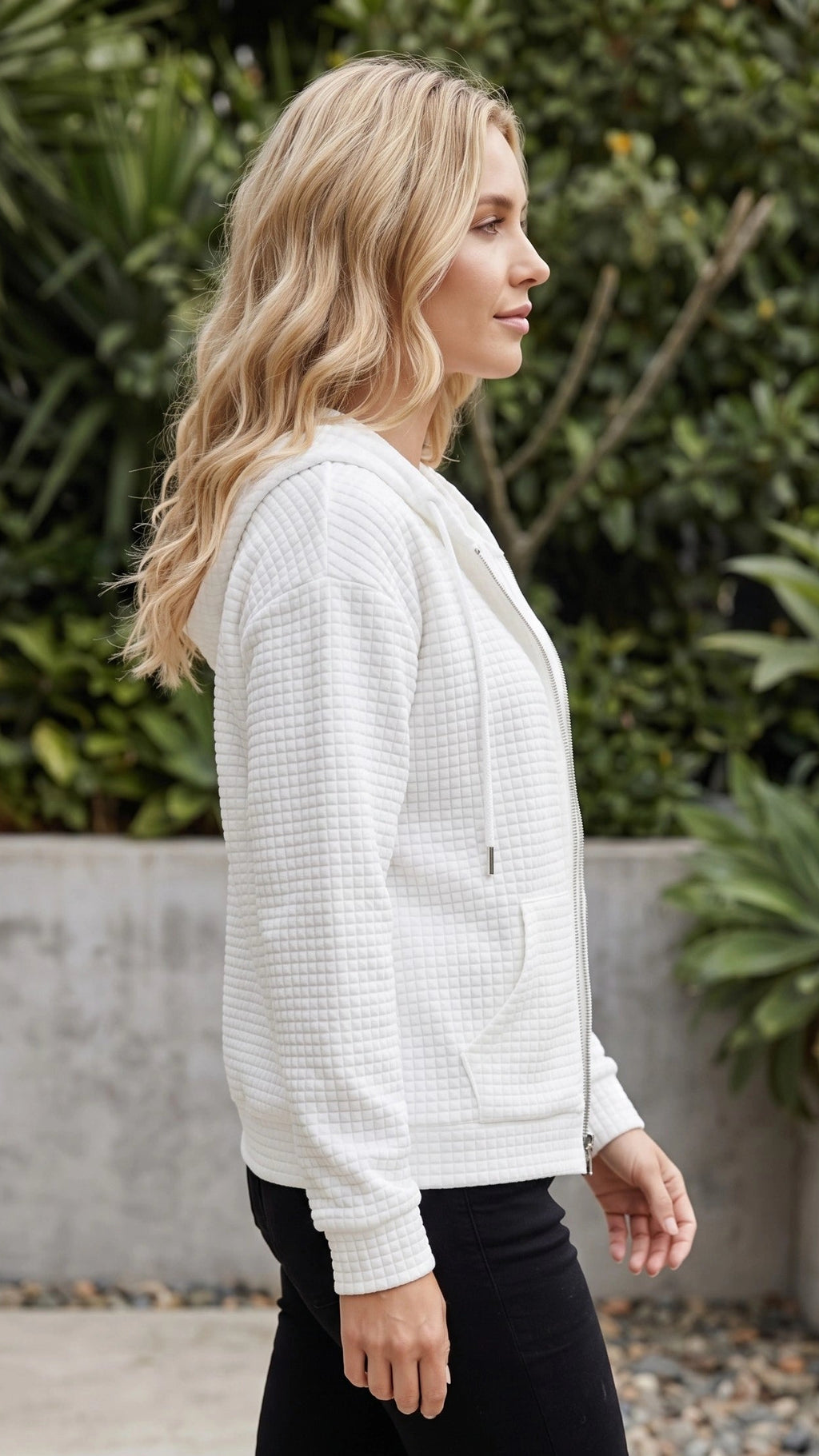 Women’s Waffle Textured Zip Up Hoodie with Pockets
