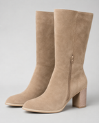 Women's Mid Calf Suede Look Boots | Block Heel Side Zip