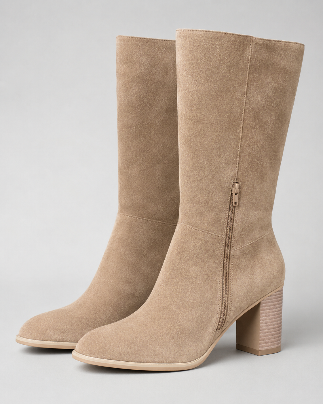 Women's Mid Calf Suede Look Boots | Block Heel Side Zip
