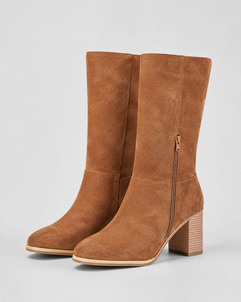 Women's Mid Calf Suede Look Boots | Block Heel Side Zip