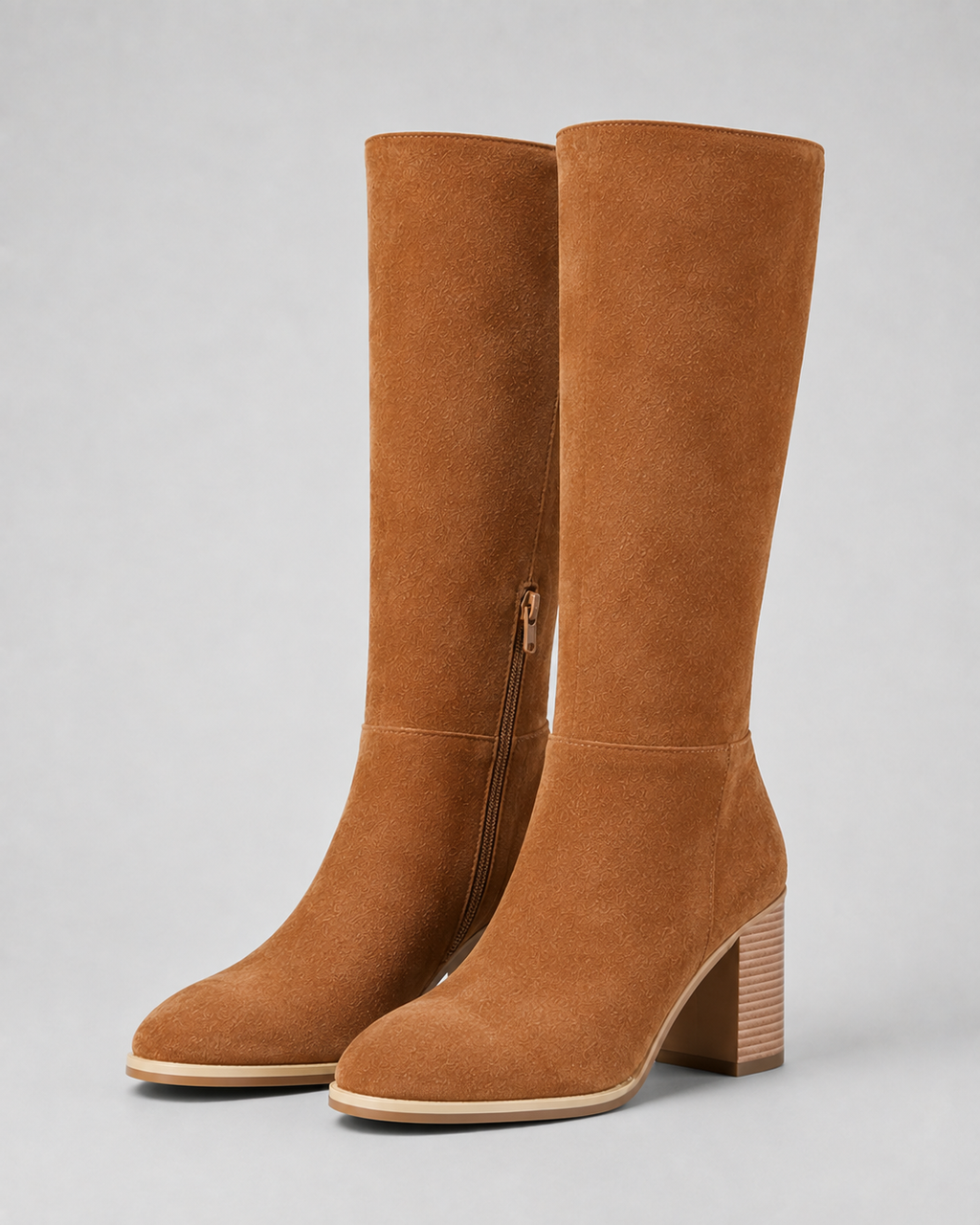 Women's Knee High Boots with Block Heel and Side Zip