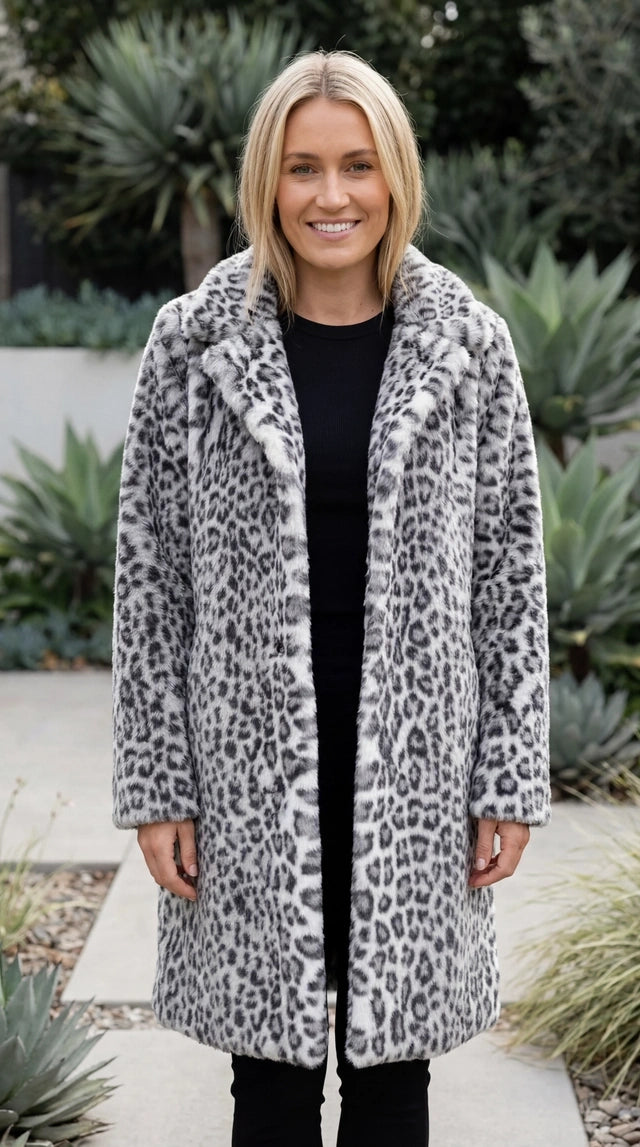 Women’s Leopard Print Faux Fur Longline Coat