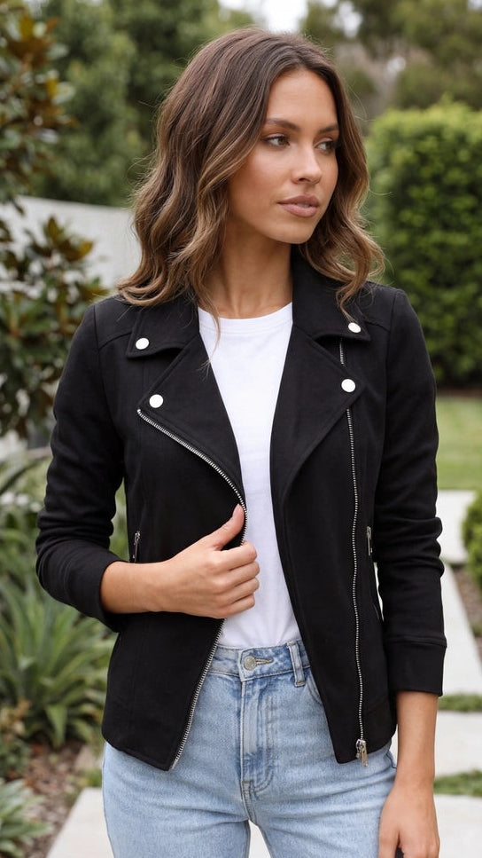 Women’s Cropped Zip Front Suede Look Biker Jacket