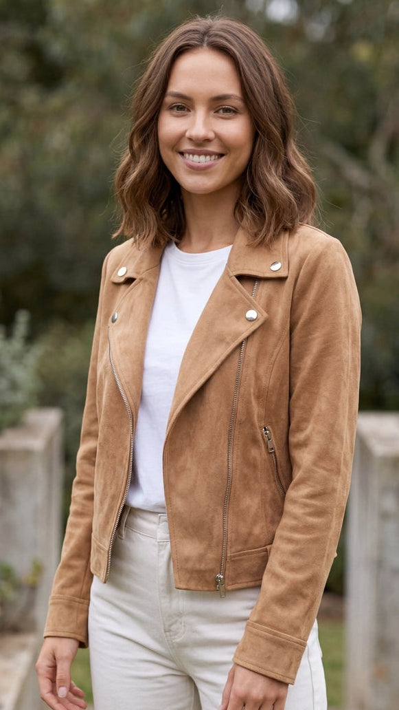 Women’s Cropped Zip Front Suede Look Biker Jacket