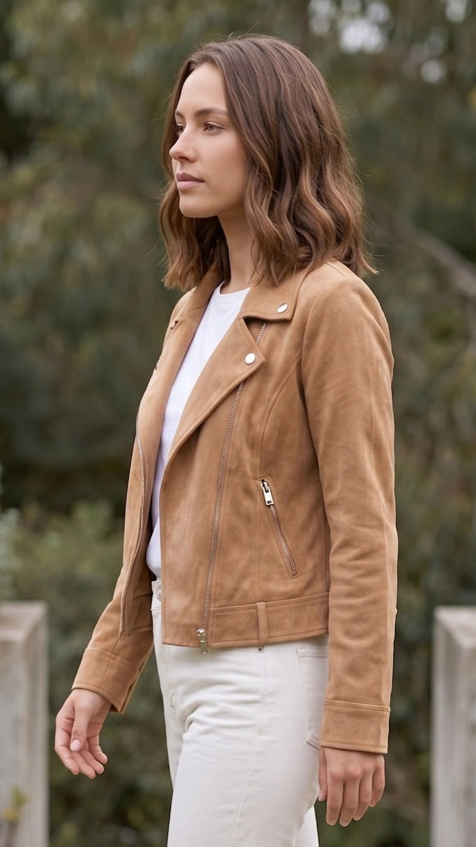 Women’s Cropped Zip Front Suede Look Biker Jacket