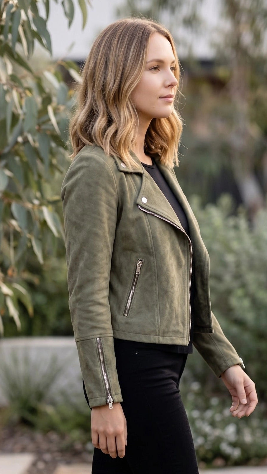 Women’s Suede Look Zip Front Cropped Biker Jacket