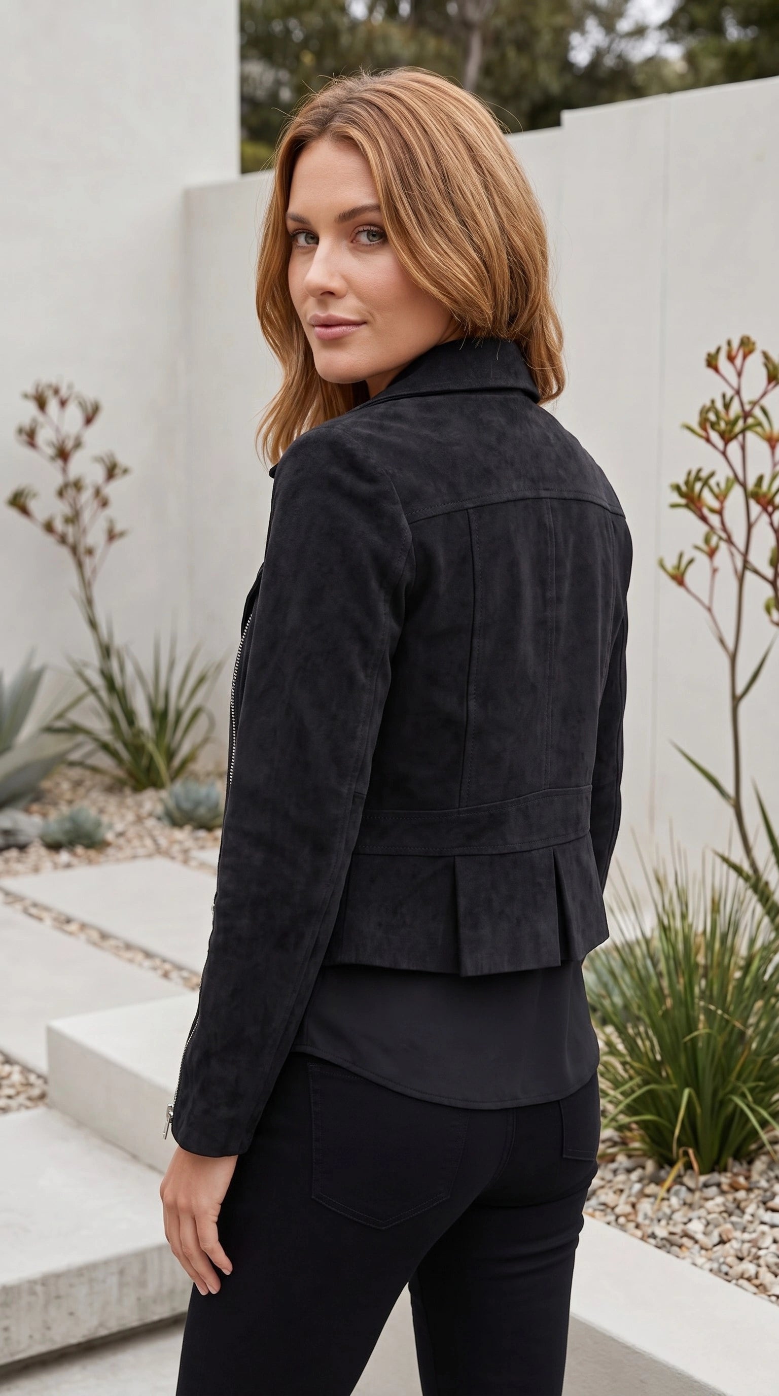 Women’s Suede Look Zip Front Cropped Biker Jacket