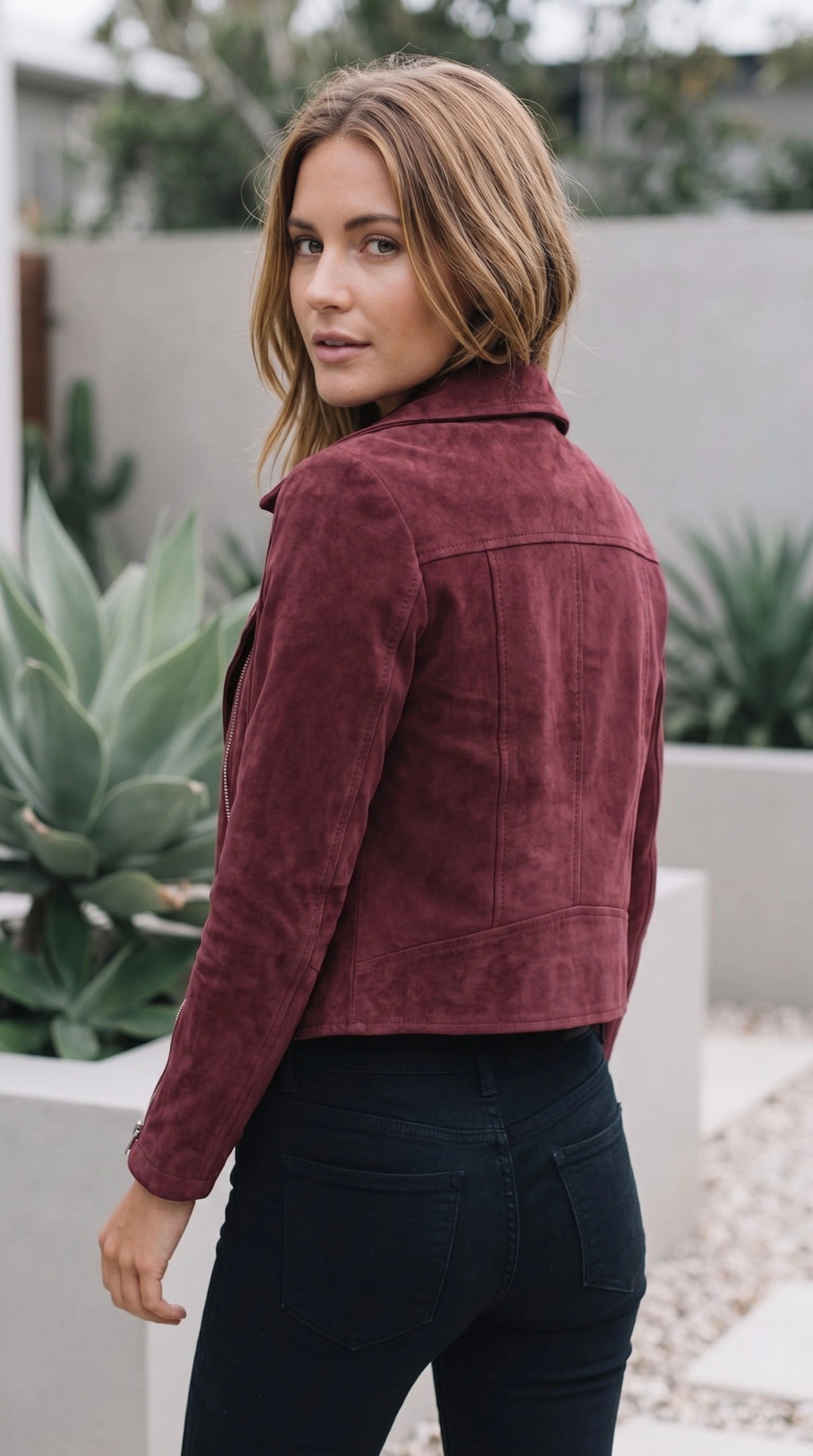 Women’s Suede Look Zip Front Cropped Biker Jacket