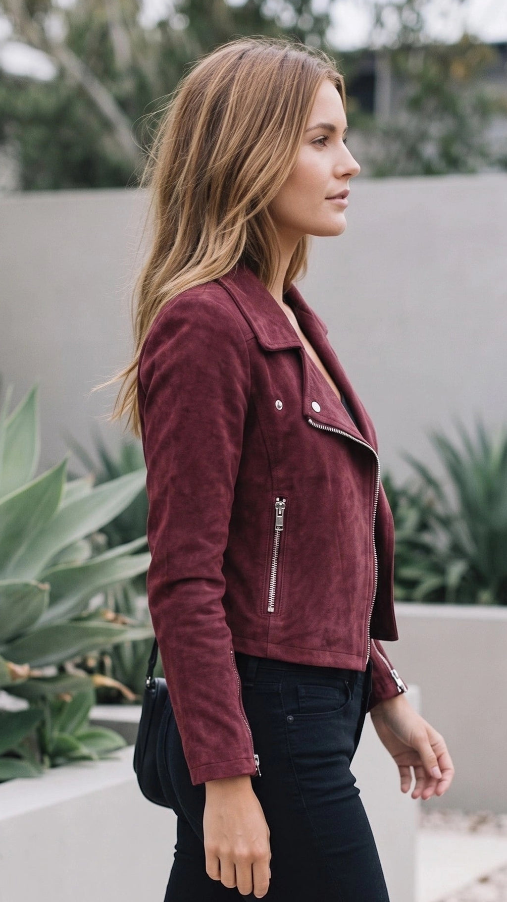 Women’s Suede Look Zip Front Cropped Biker Jacket