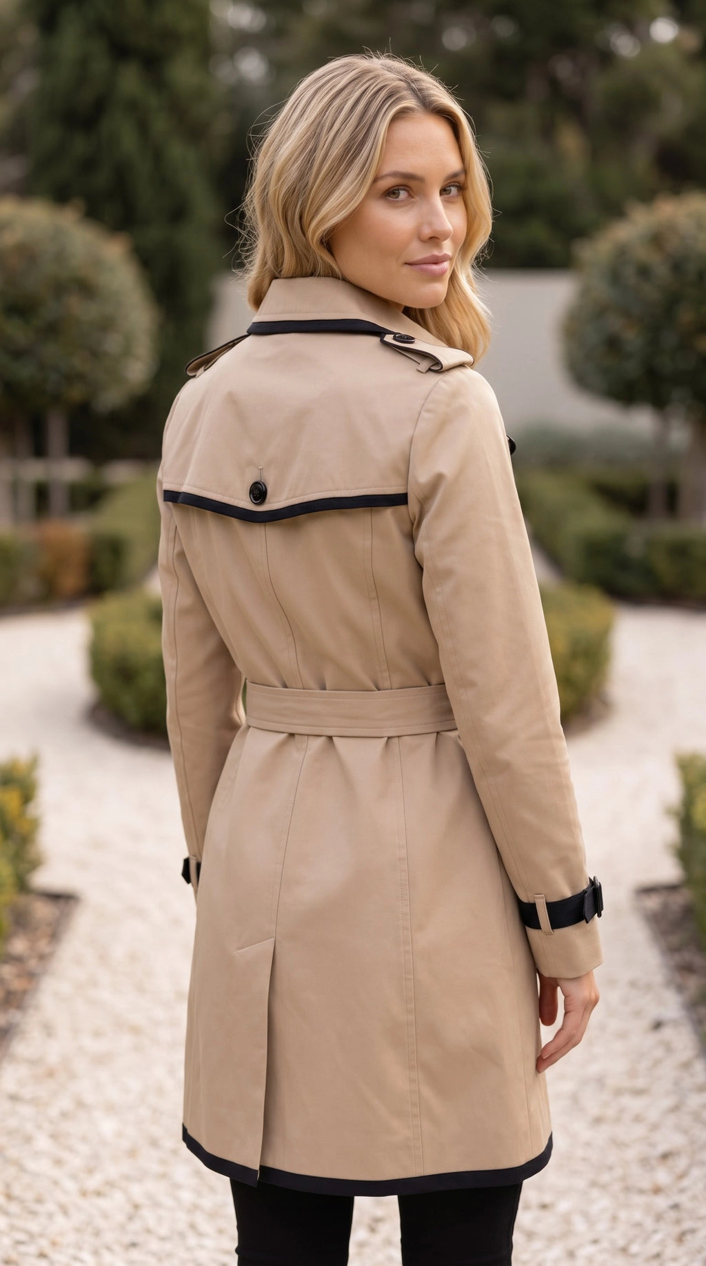 Women's Lapel Collar Double Breasted Contrast Trim Belted Trench Coat