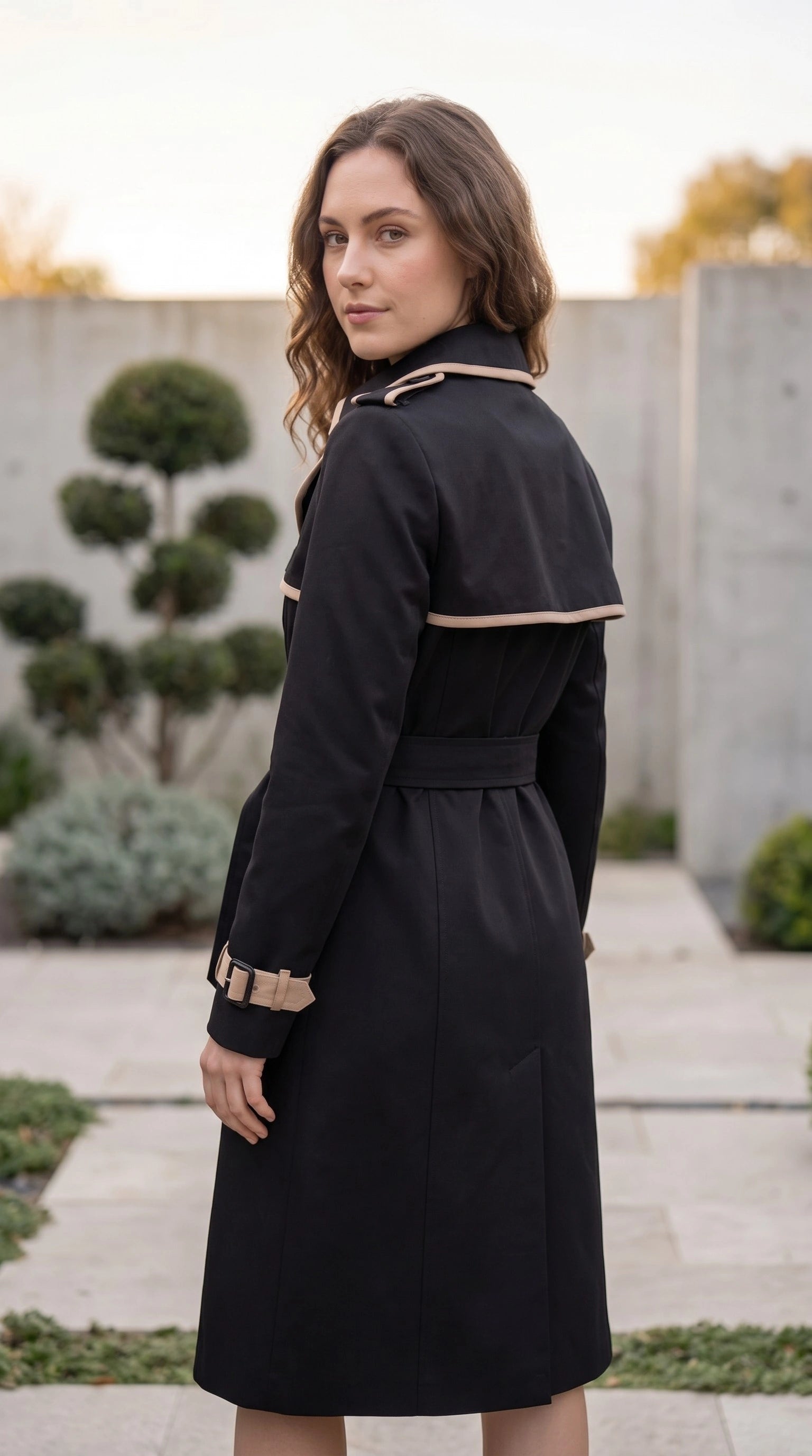 Women's Lapel Collar Double Breasted Contrast Trim Belted Trench Coat