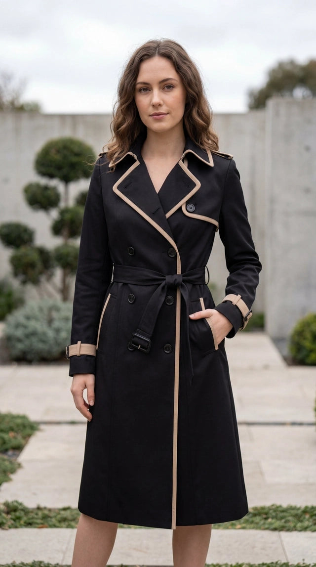 Women's Lapel Collar Double Breasted Contrast Trim Belted Trench Coat