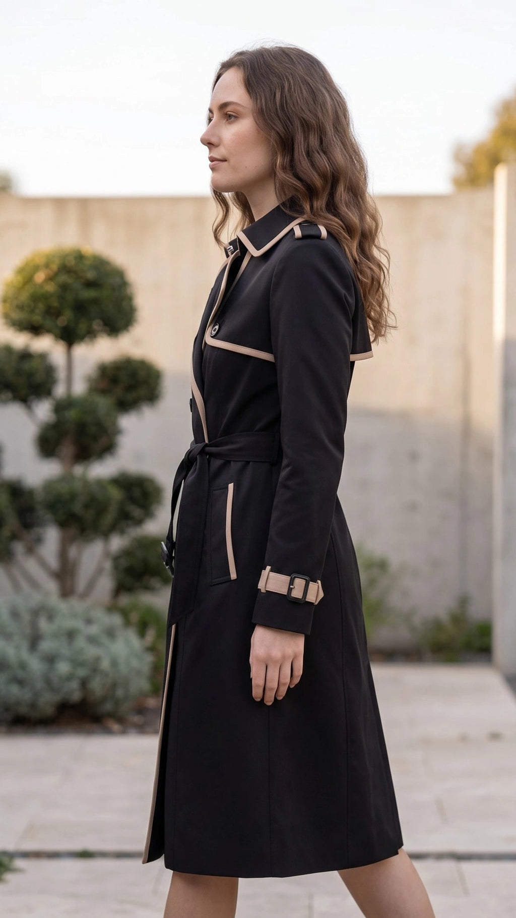 Women's Lapel Collar Double Breasted Contrast Trim Belted Trench Coat