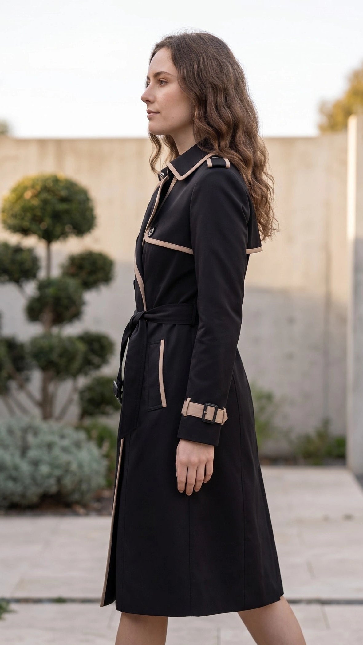 Women's Lapel Collar Double Breasted Contrast Trim Belted Trench Coat
