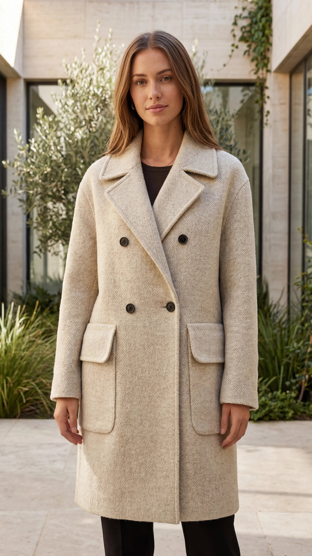 Women's Lapel Collar Double Breasted Coat with Patch Pockets