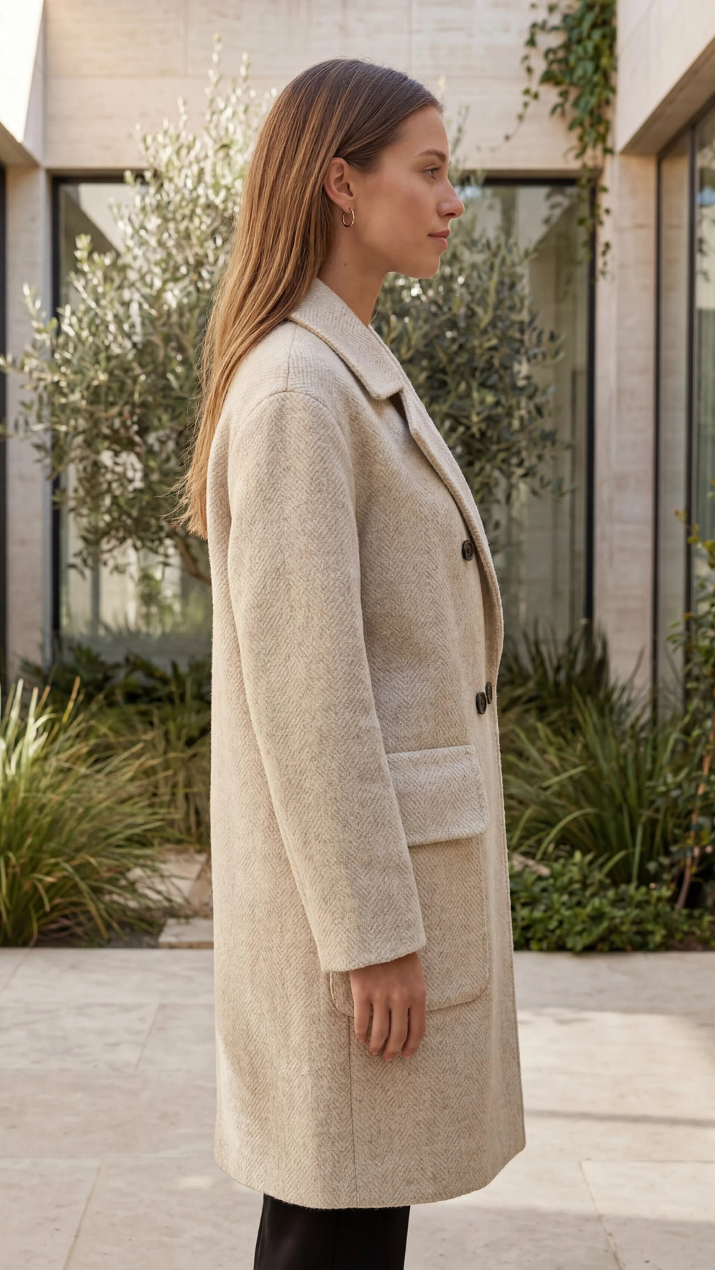 Women's Lapel Collar Double Breasted Coat with Patch Pockets