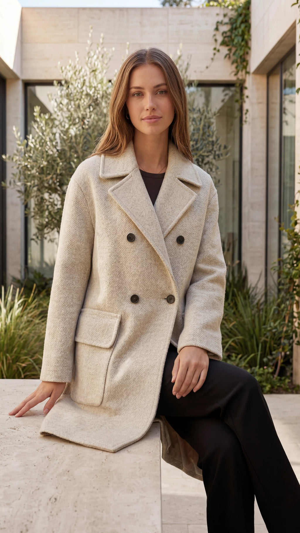 Women's Lapel Collar Double Breasted Coat with Patch Pockets