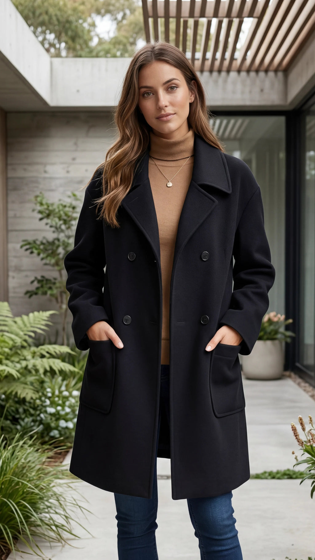 Women's Lapel Collar Double Breasted Coat with Patch Pockets