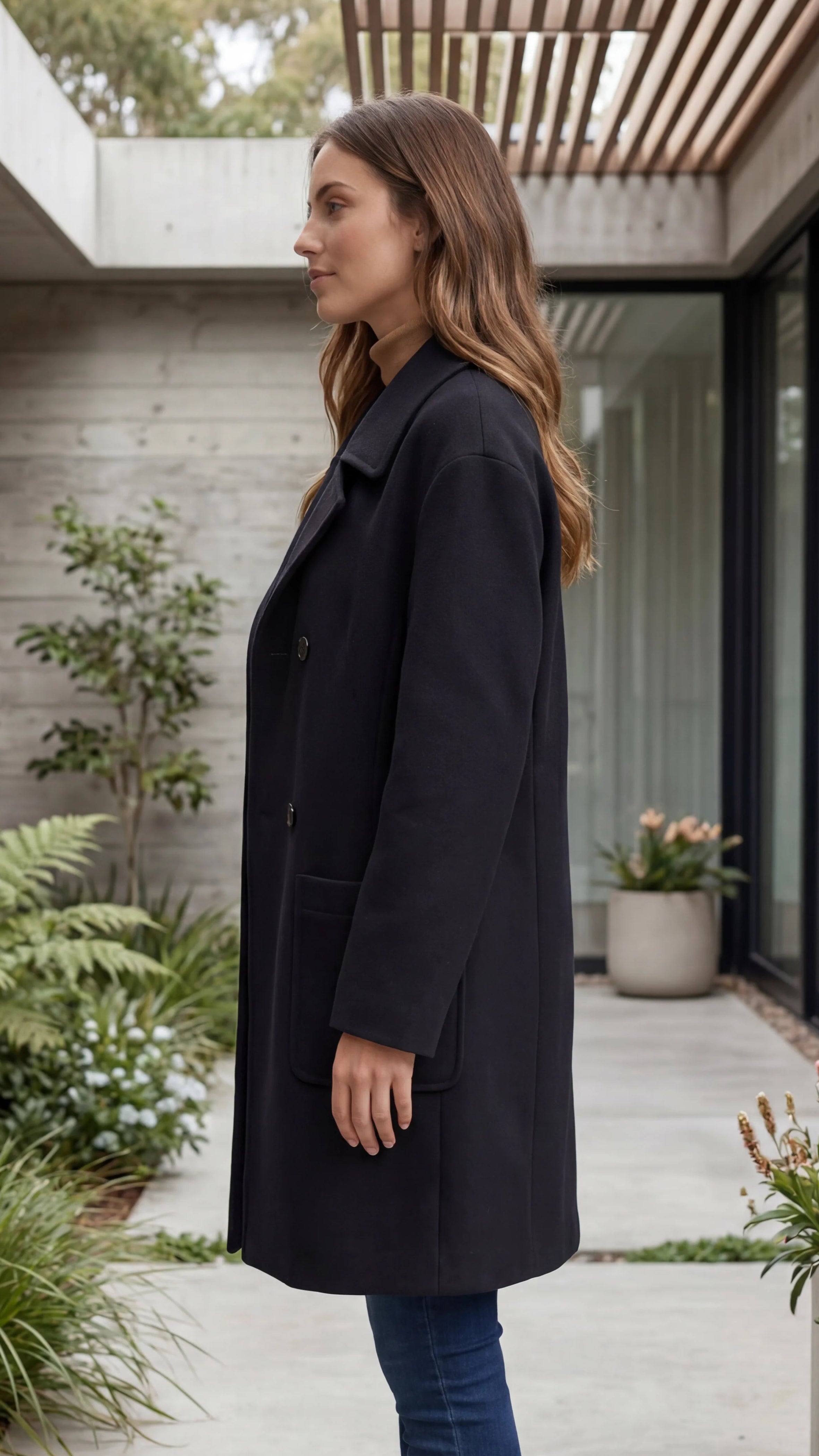 Women's Lapel Collar Double Breasted Coat with Patch Pockets