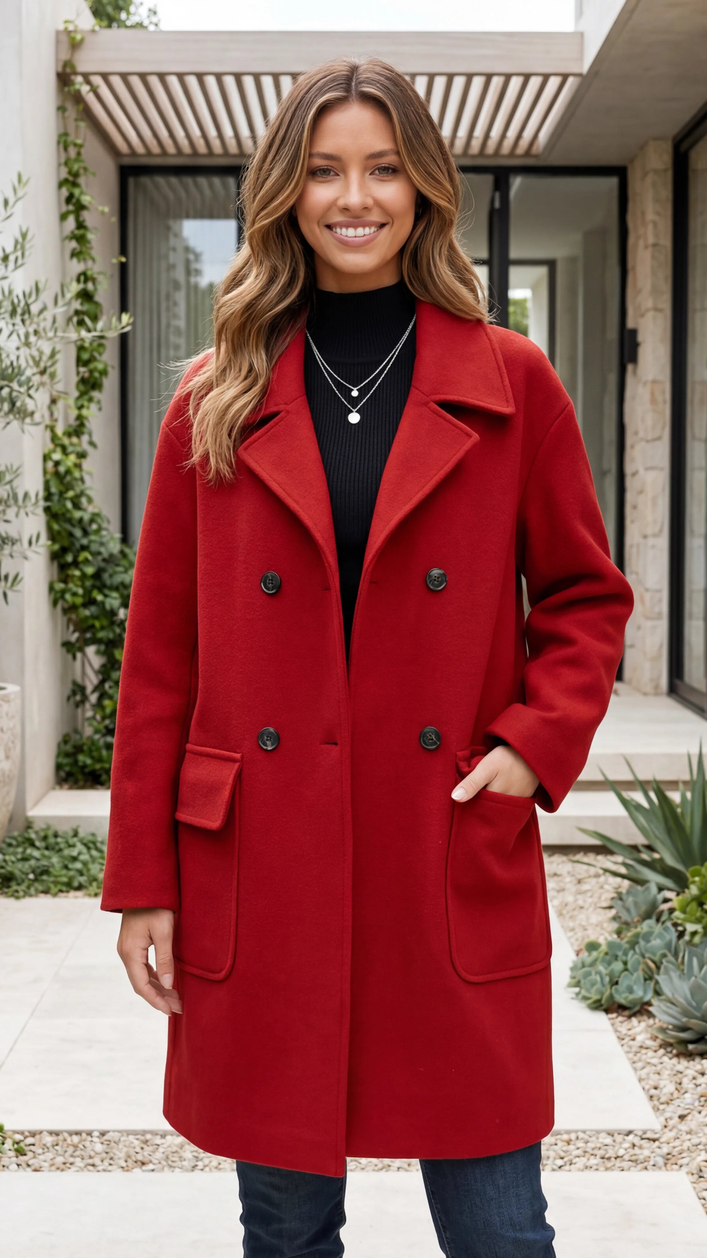 Women's Lapel Collar Double Breasted Coat with Patch Pockets