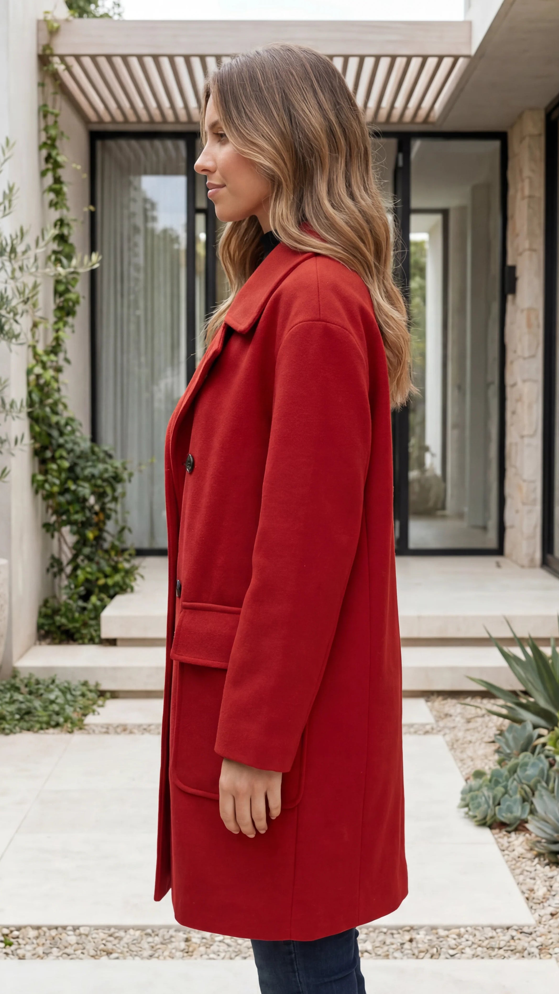 Women's Lapel Collar Double Breasted Coat with Patch Pockets