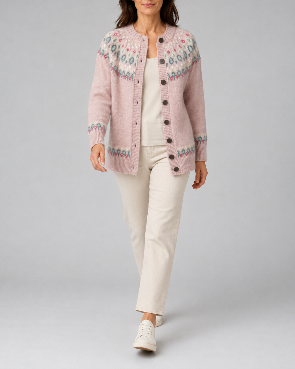 Women's Fair Isle Knit Cardigan with Round Neck and Button Front