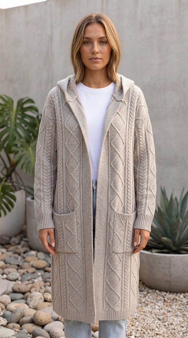 Women’s Long Hooded Cable Knit Cardigan With Pockets
