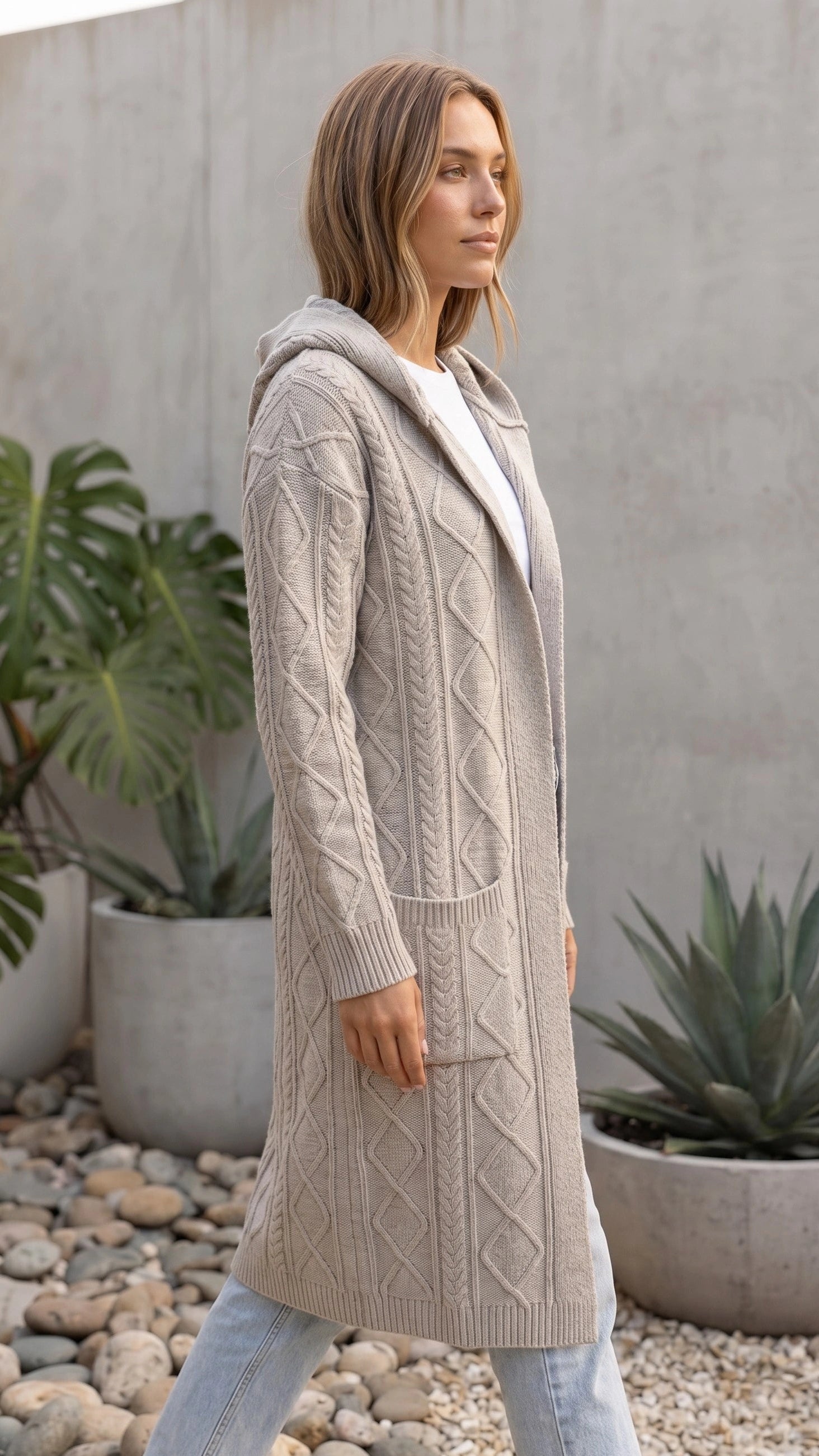 Women’s Long Hooded Cable Knit Cardigan With Pockets