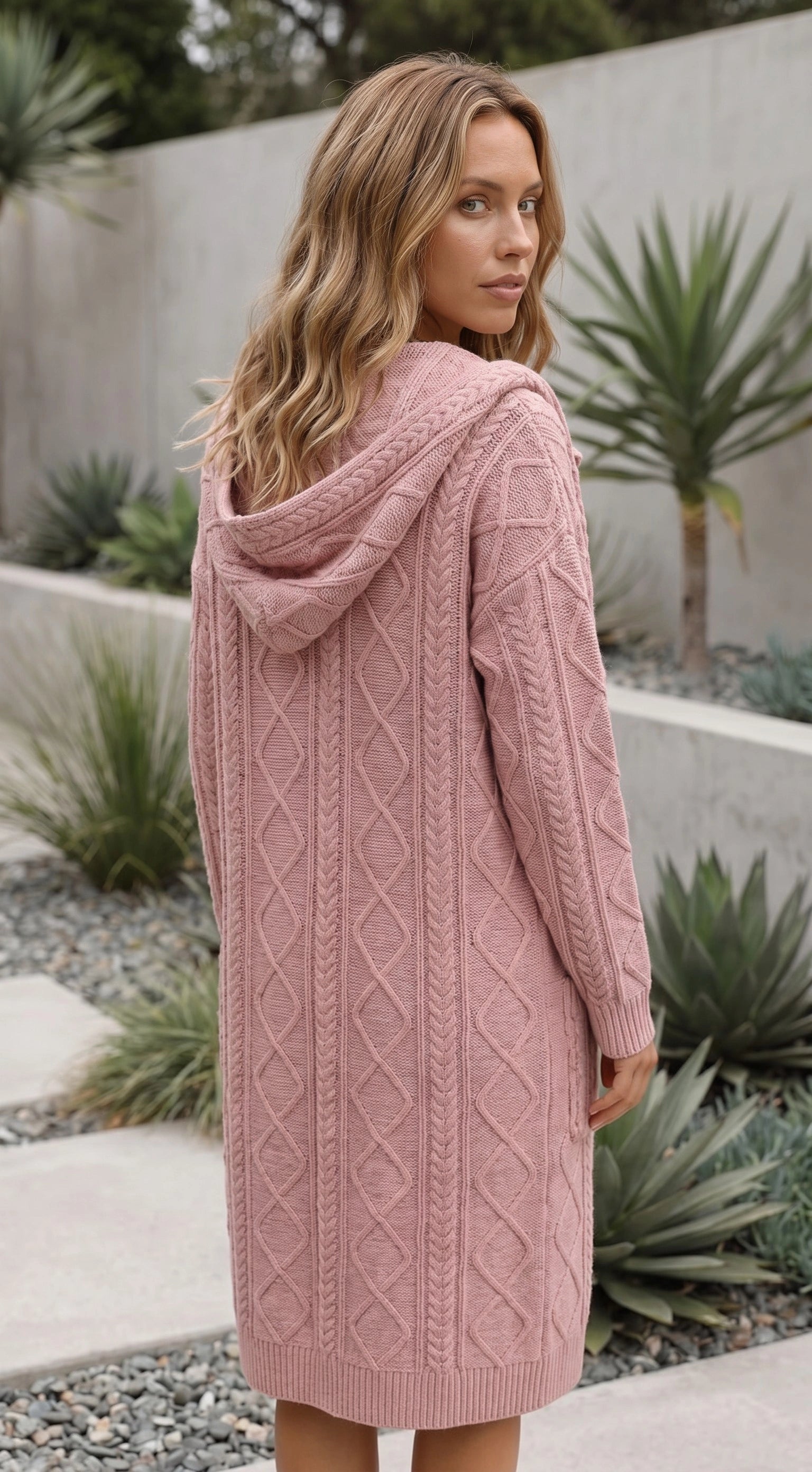 Women’s Long Hooded Cable Knit Cardigan With Pockets